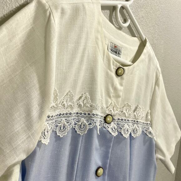 Vintage 80s ILGWU Manikin Woven Charleston Blue & White Pleated Trim Dress - Picture 9 of 13